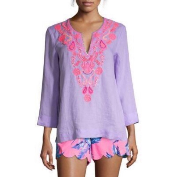 Lilly Pulitzer Amelia Island Tunic Lilac Verbena Linen Size Large Purple Pink - Picture 1 of 14